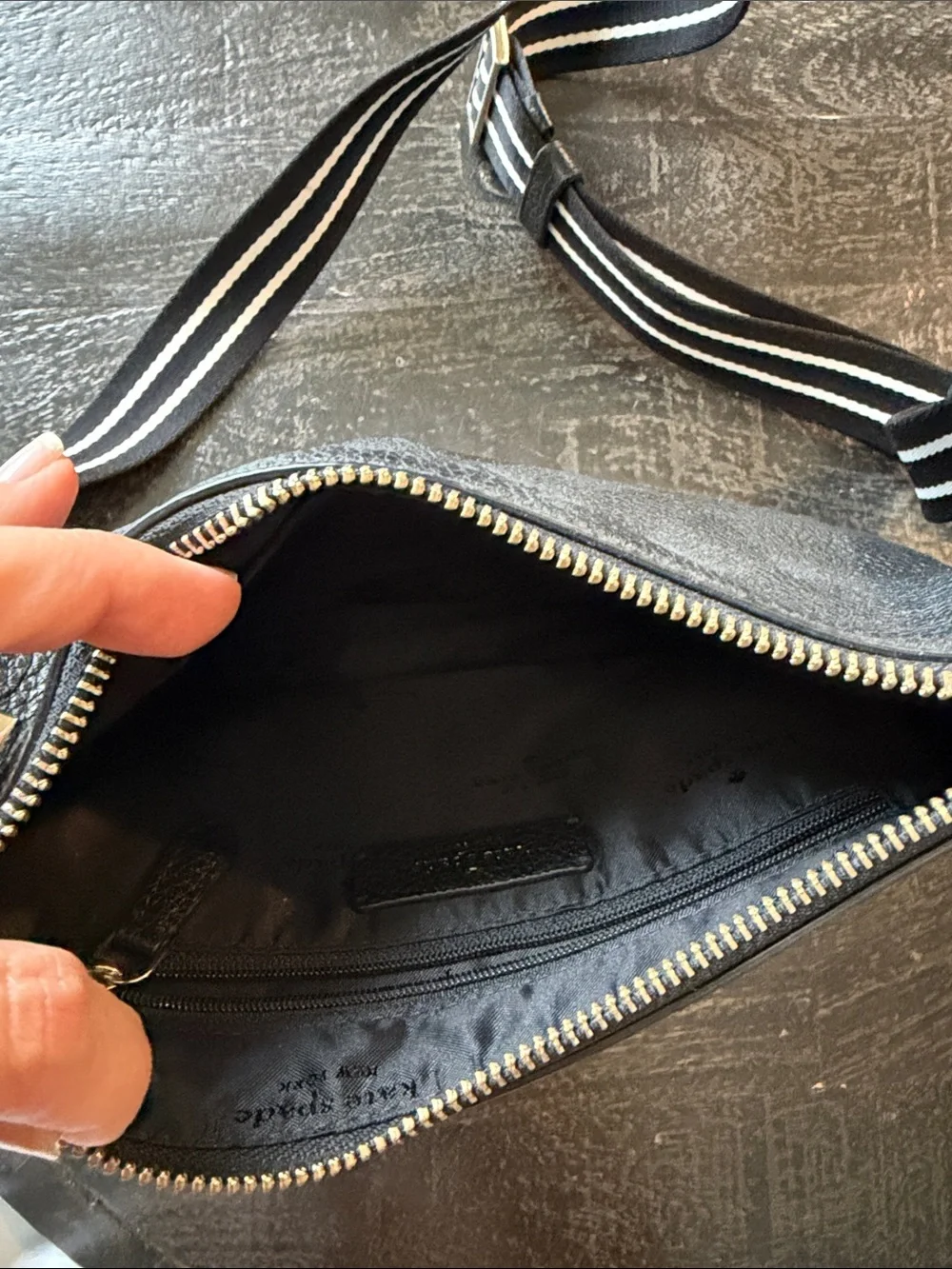 kate spade Black Pebbled Leather Crossbody with Striped Adjustable Strap